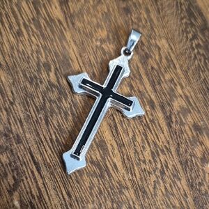 Silver Tone & Black Cross Necklace Pendant, Non-magnetic